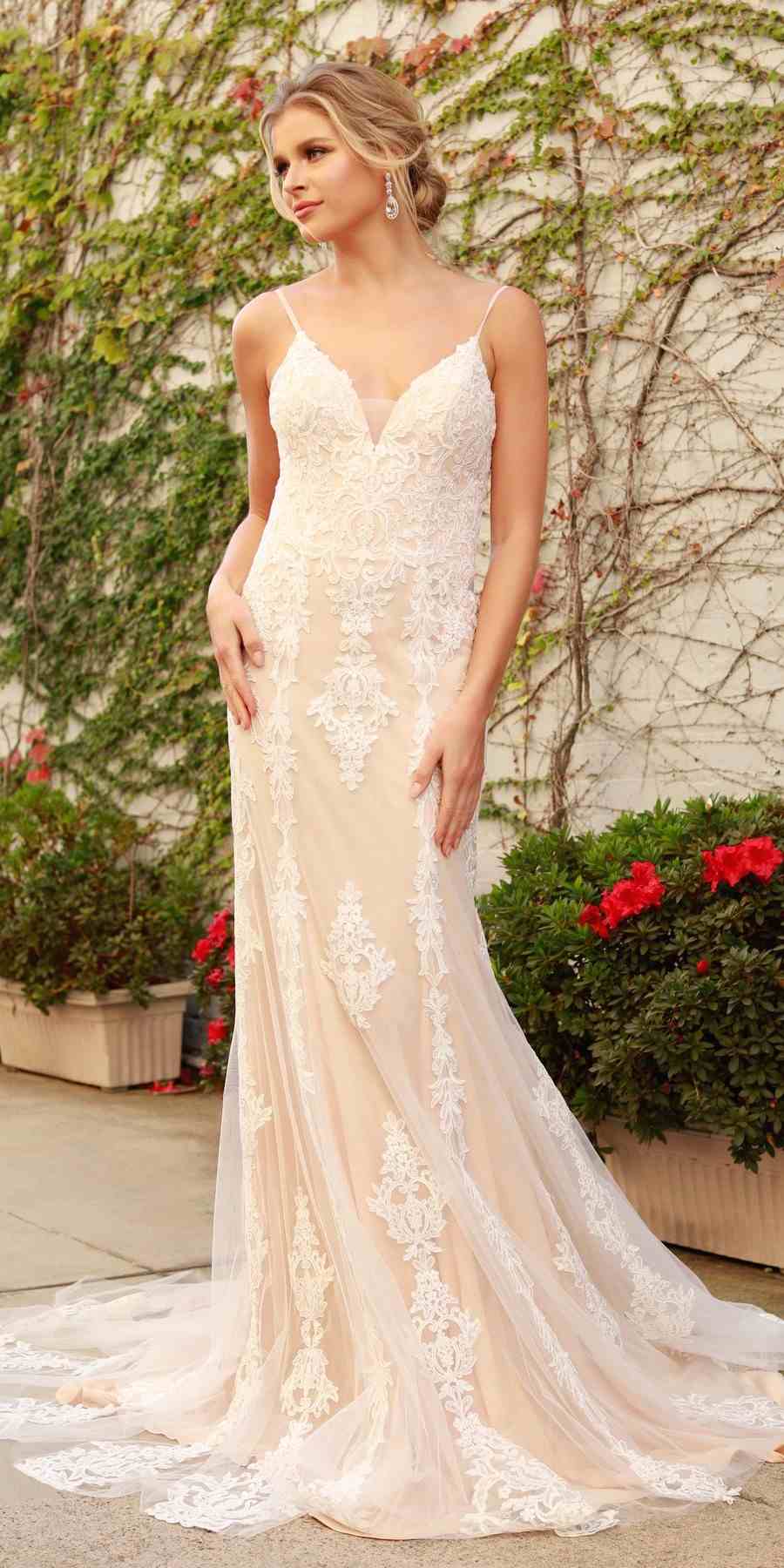Nox Anabel H494 Spaghetti Strap V-Neckline Long Lace Wedding Gown by DiscountDressShop