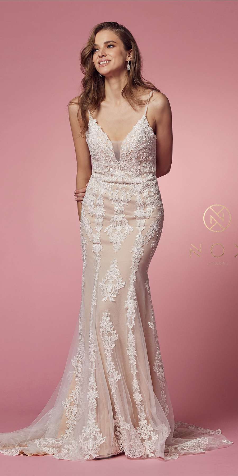 Nox Anabel H494 Spaghetti Strap V-Neckline Long Lace Wedding Gown by DiscountDressShop