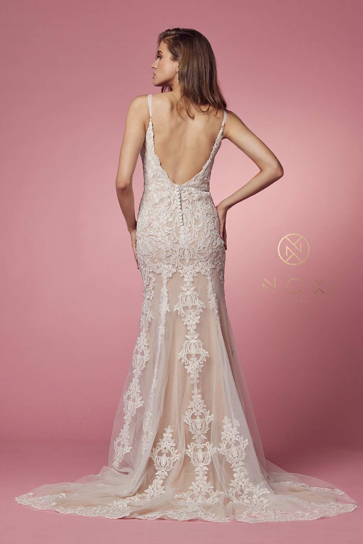 Nox Anabel H494 Spaghetti Strap V-Neckline Long Lace Wedding Gown by DiscountDressShop