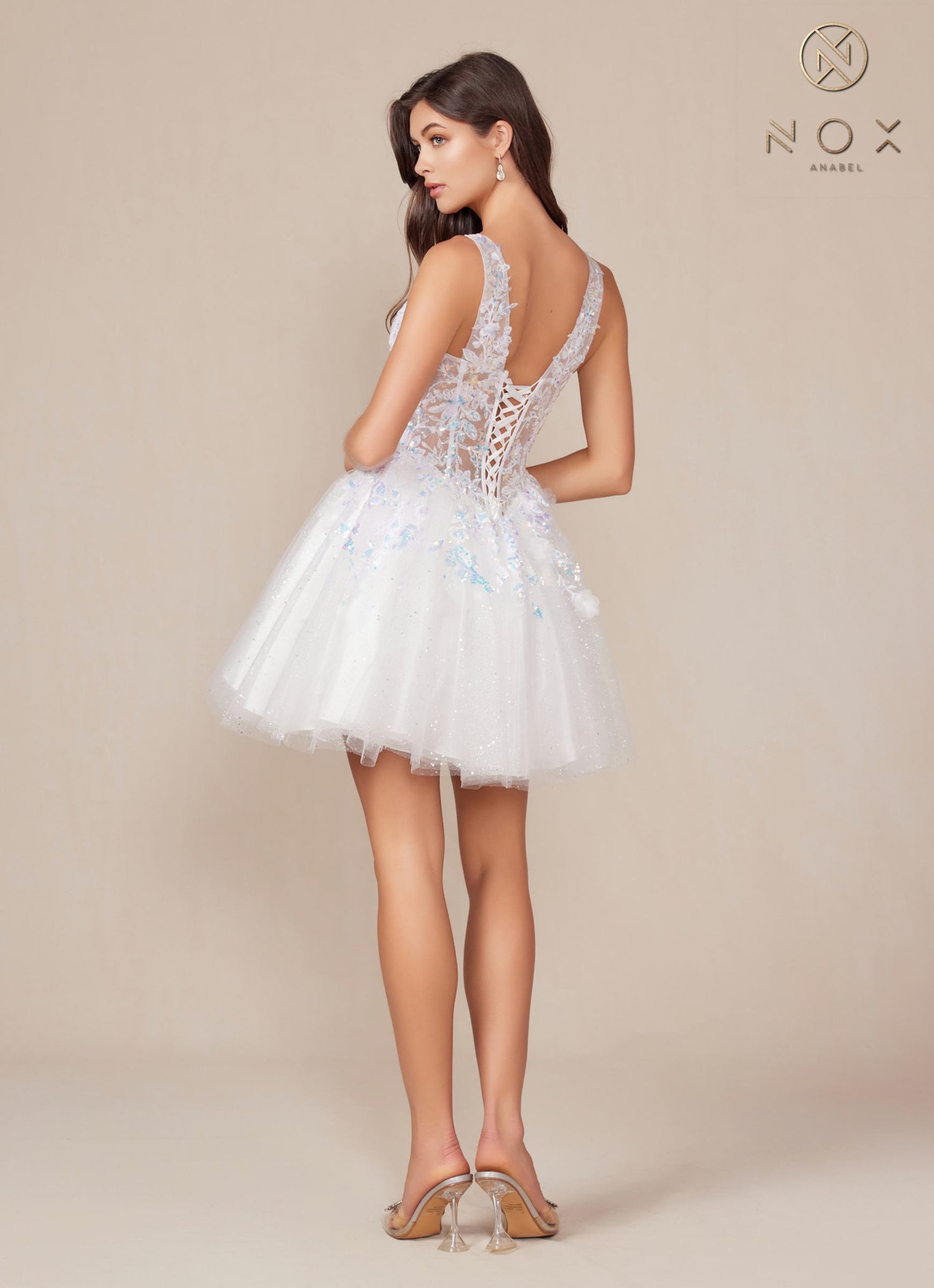 Nox Anabel H846W Short Glitter Sequin Applique White A-Line Dress by DiscountDressShop