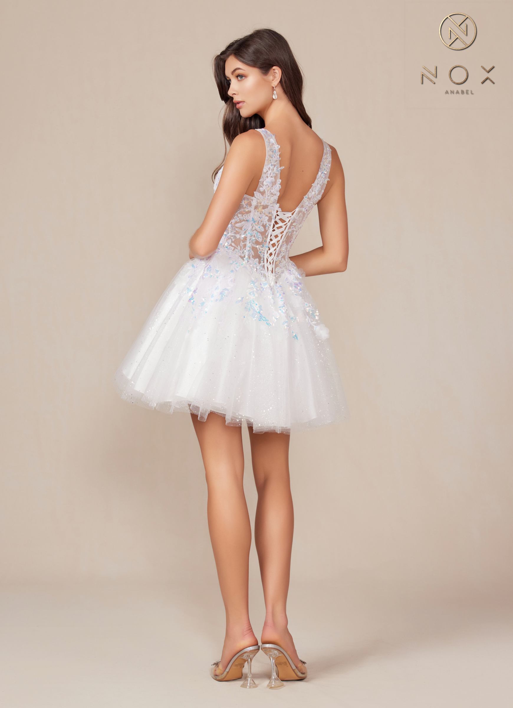 Nox Anabel H846W Short Glitter Sequin Applique White A-Line Dress by DiscountDressShop