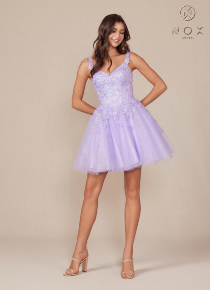 Nox Anabel H846 Short Glitter Sequin Applique A-Line Dress by DiscountDressShop