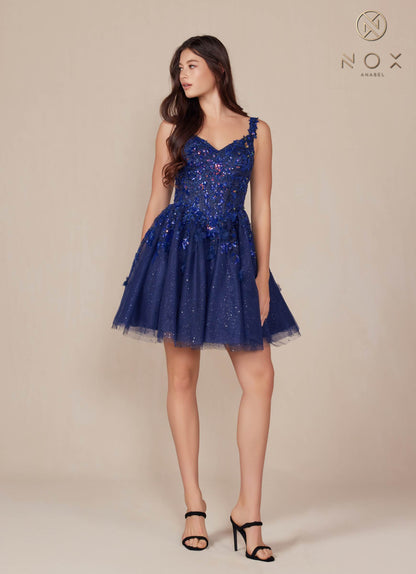 Nox Anabel H846 Short Glitter Sequin Applique A-Line Dress by DiscountDressShop