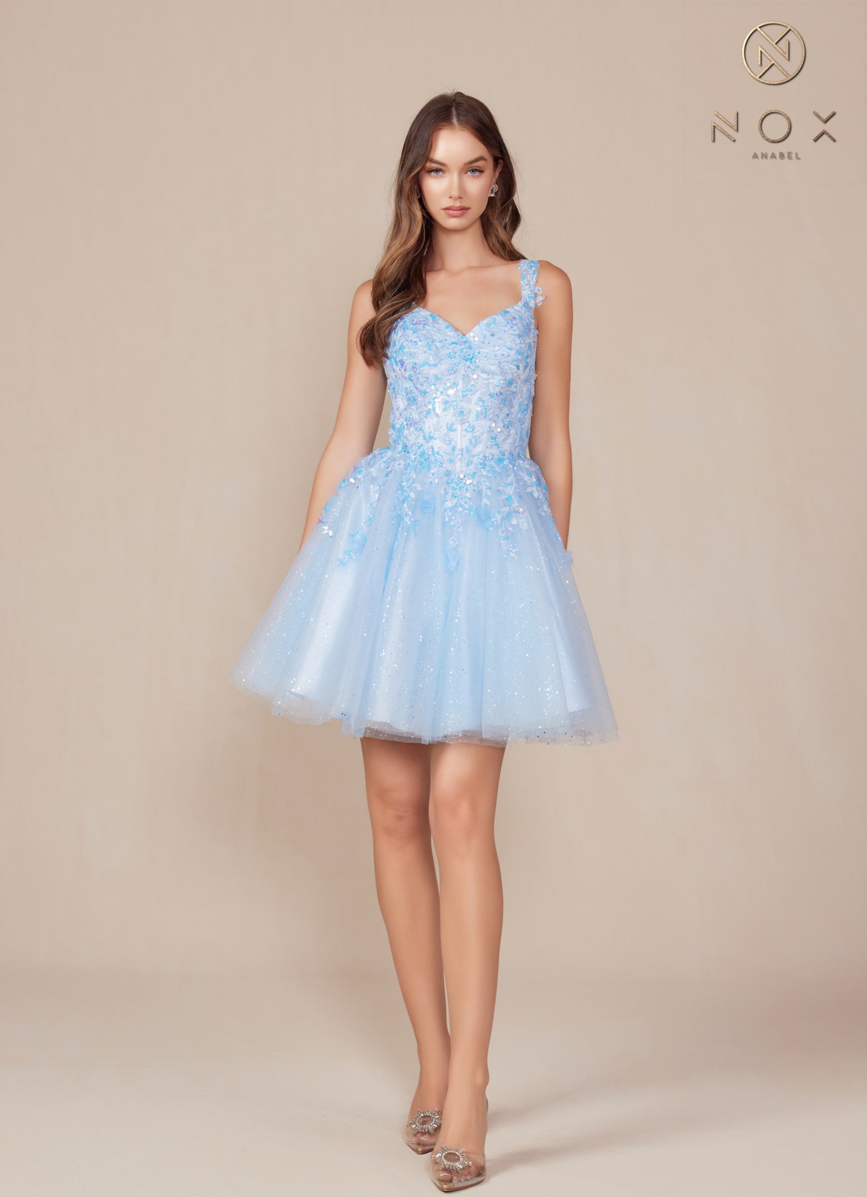Nox Anabel H846 Short Glitter Sequin Applique A-Line Dress by DiscountDressShop