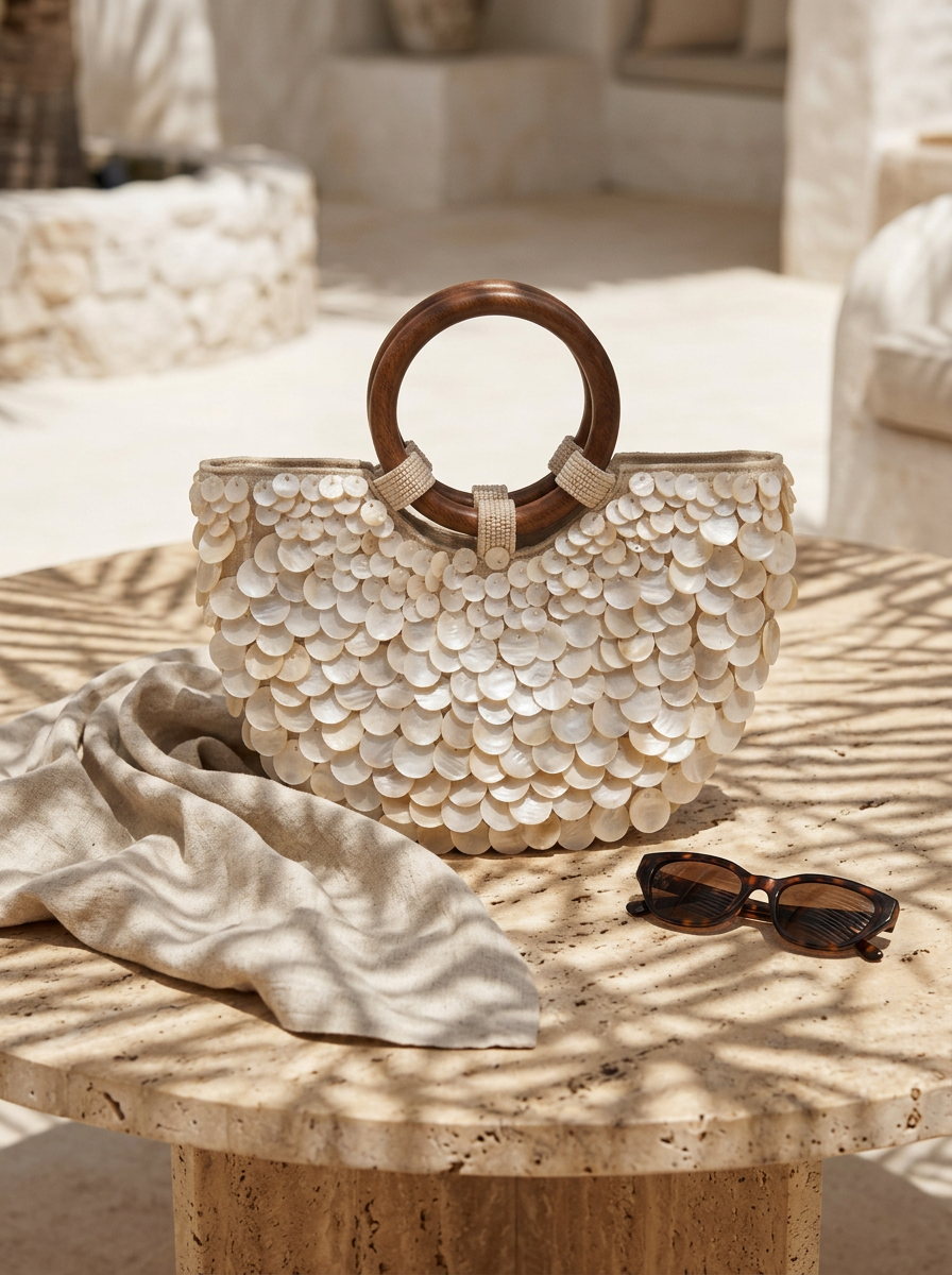 Handmade Shell Handbag Pearl Shell Tote Bag with Wooden Handle by LINTICO