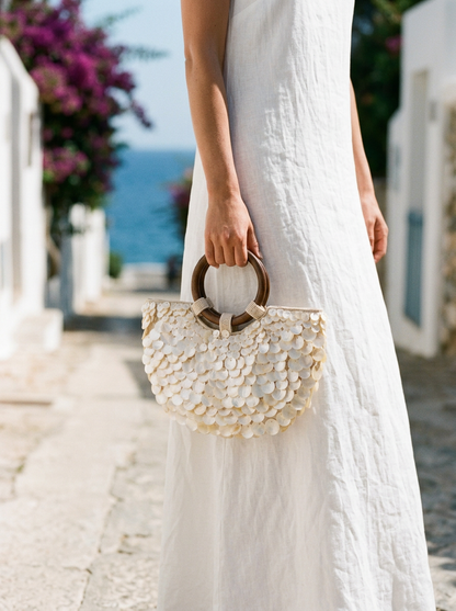 Handmade Shell Handbag Pearl Shell Tote Bag with Wooden Handle by LINTICO