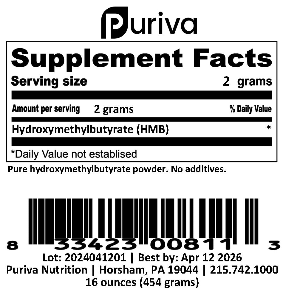 Hydroxymethylbutyrate (HMB) powder, 1 pound, Puriva Nutrition by Puriva Nutrition