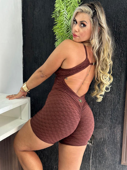 SCRUNCH BOOTY BROWN WAVE DROP SHORT JUMPSUIT by Iris Fitness Online