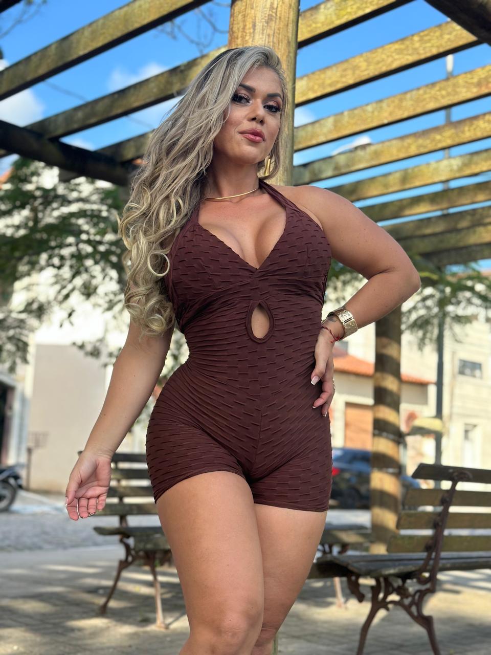 SCRUNCH BOOTY BROWN WAVE SEXY BACK SHORT JUMPSUIT by Iris Fitness Online