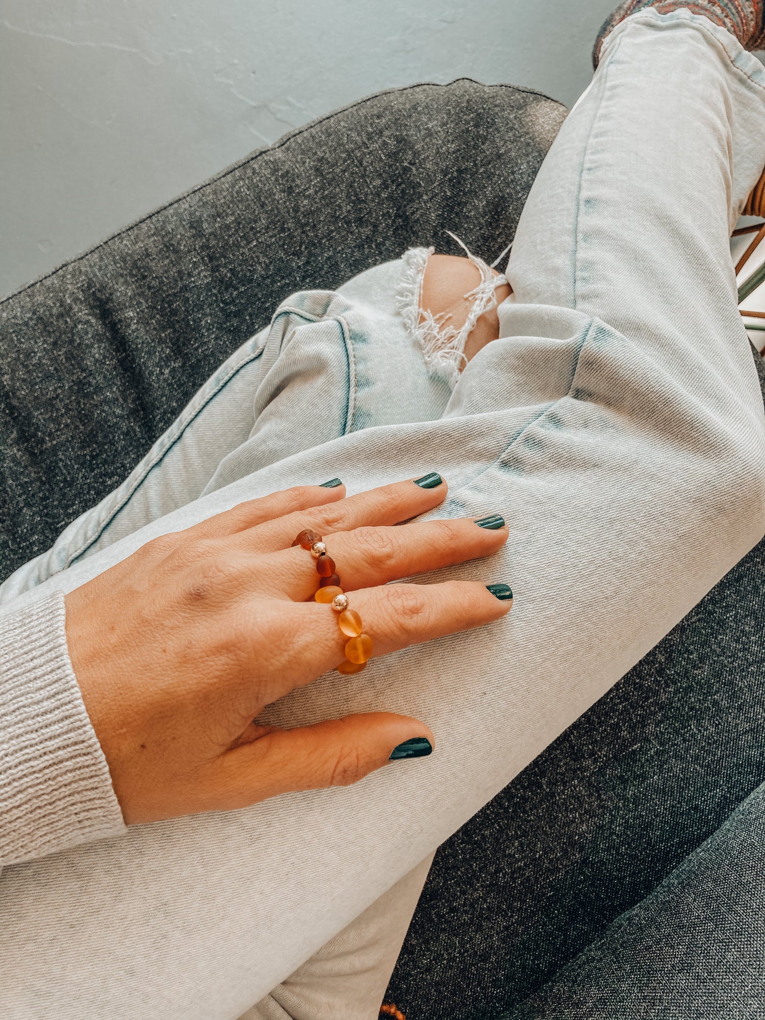 Raw Cognac Baltic Amber + 14K Gold Filled || Beaded Stretch Ring by CanyonLeaf