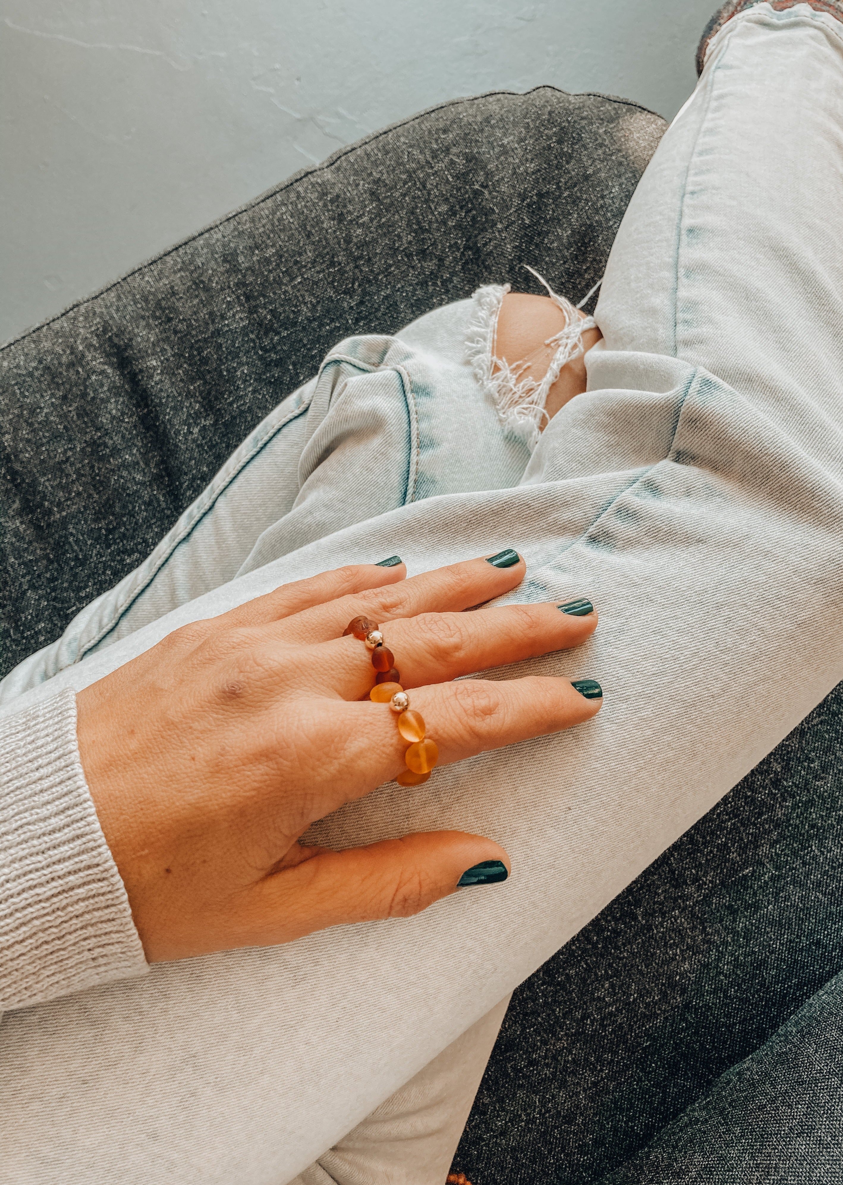 Raw Honey Baltic Amber + 14K Gold Filled || Beaded Stretch Ring by CanyonLeaf