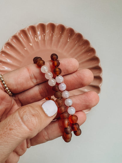 Raw Cognac Baltic Sea Amber + Rose Quartz || Adult Bracelet by CanyonLeaf