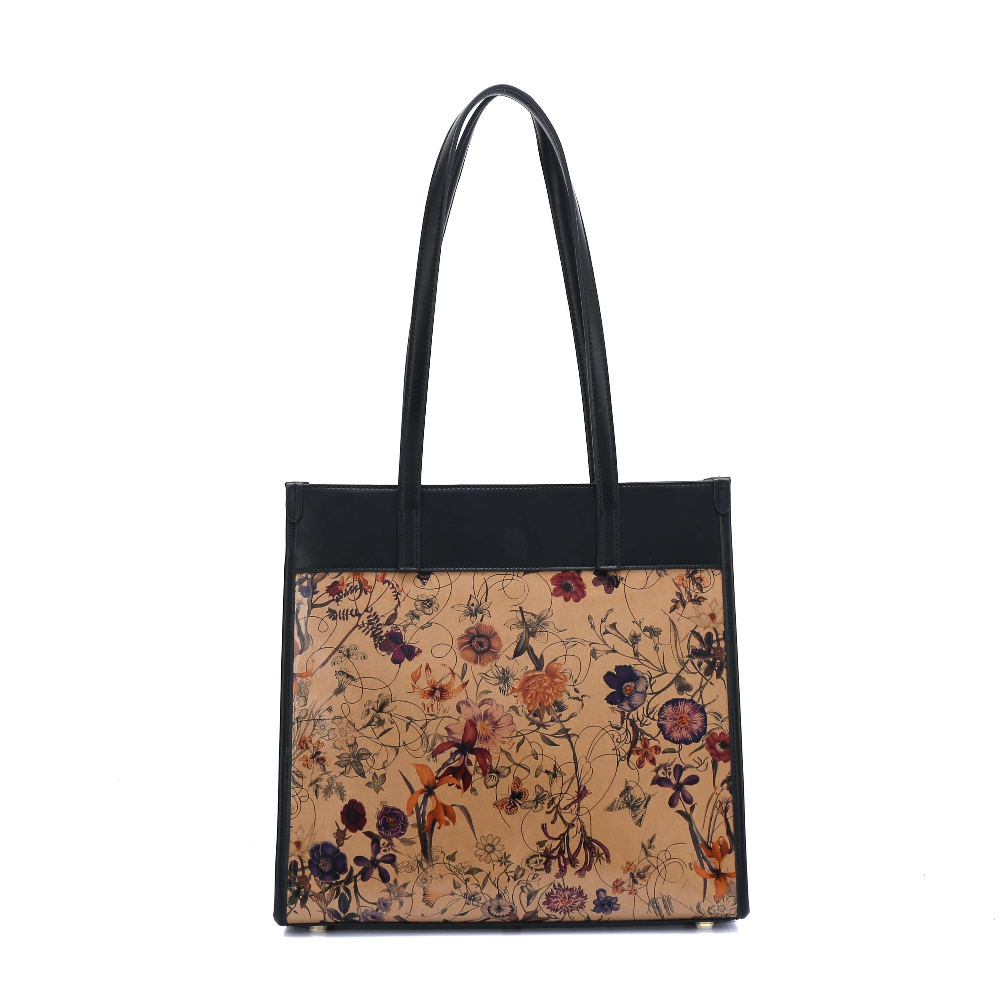 Portrait Tote 2 - Floral Kraft Paper Vegan Tote by Doshi FCSA