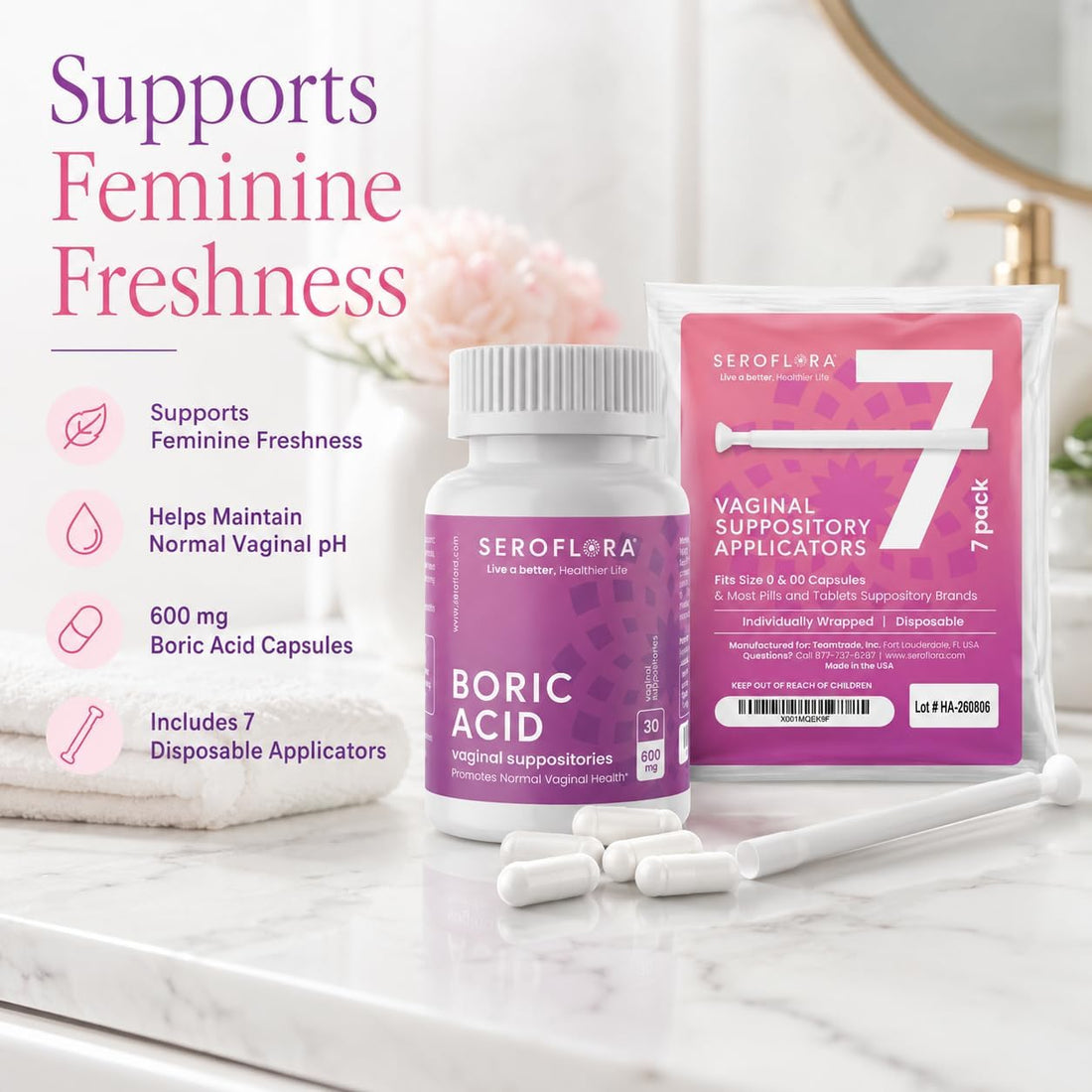 Boric Acid Vaginal Suppositories with Applicators (30/7ct) by Seroflora
