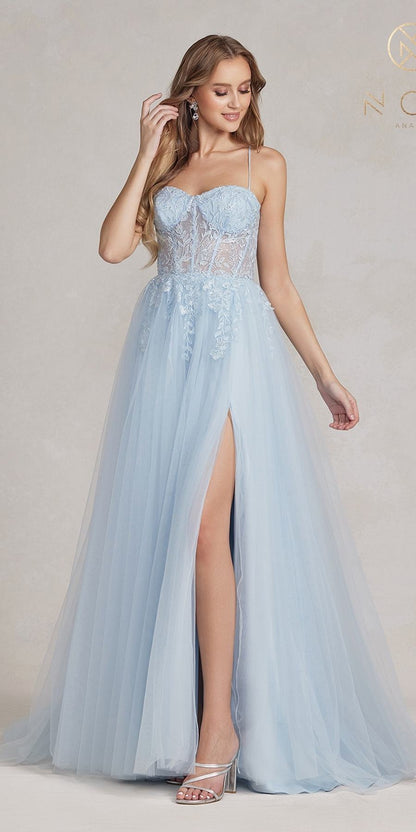 Nox Anabel J1089 Floor Length A-Line Tulle Gown with Slit by DiscountDressShop