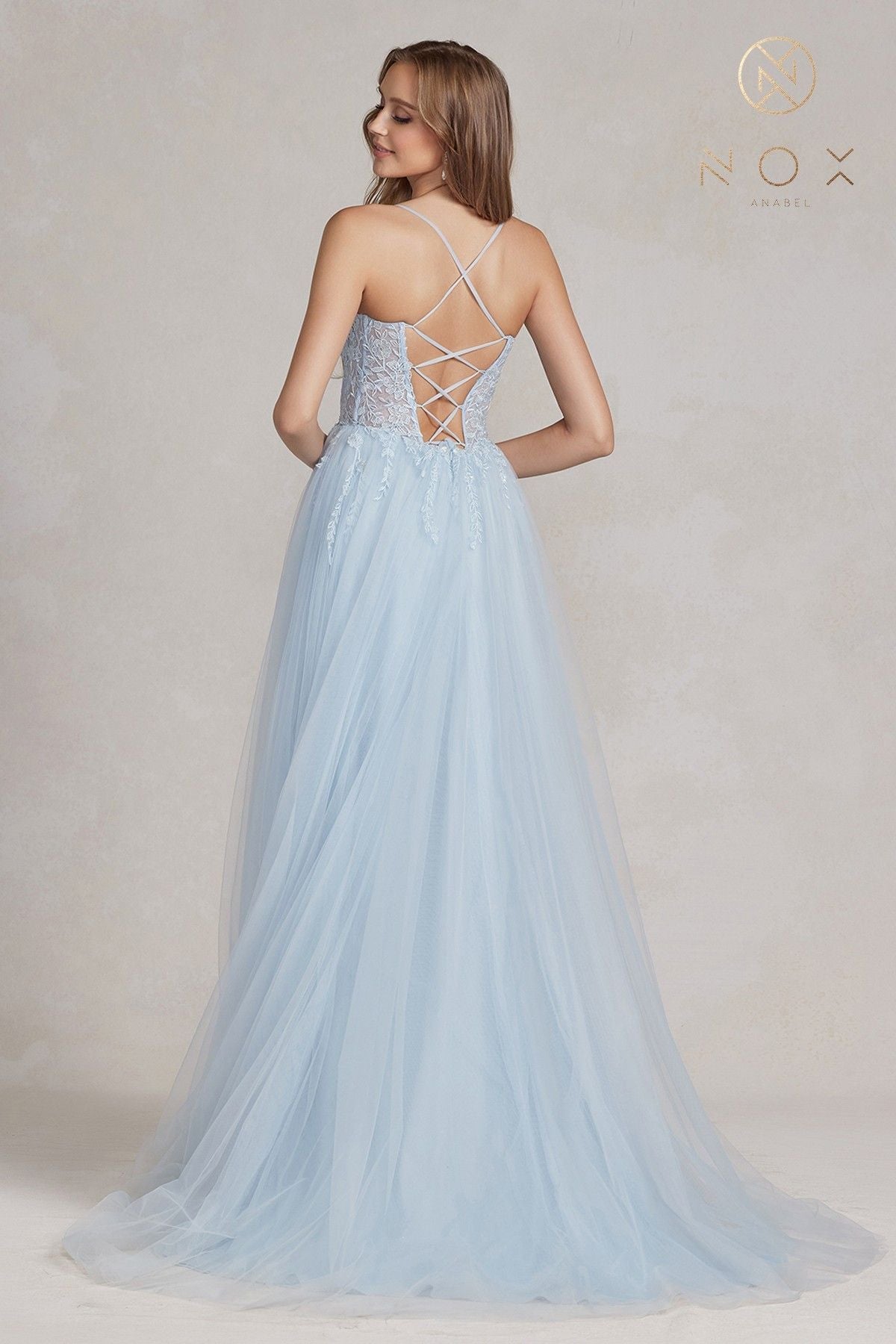 Nox Anabel J1089 Floor Length A-Line Tulle Gown with Slit by DiscountDressShop