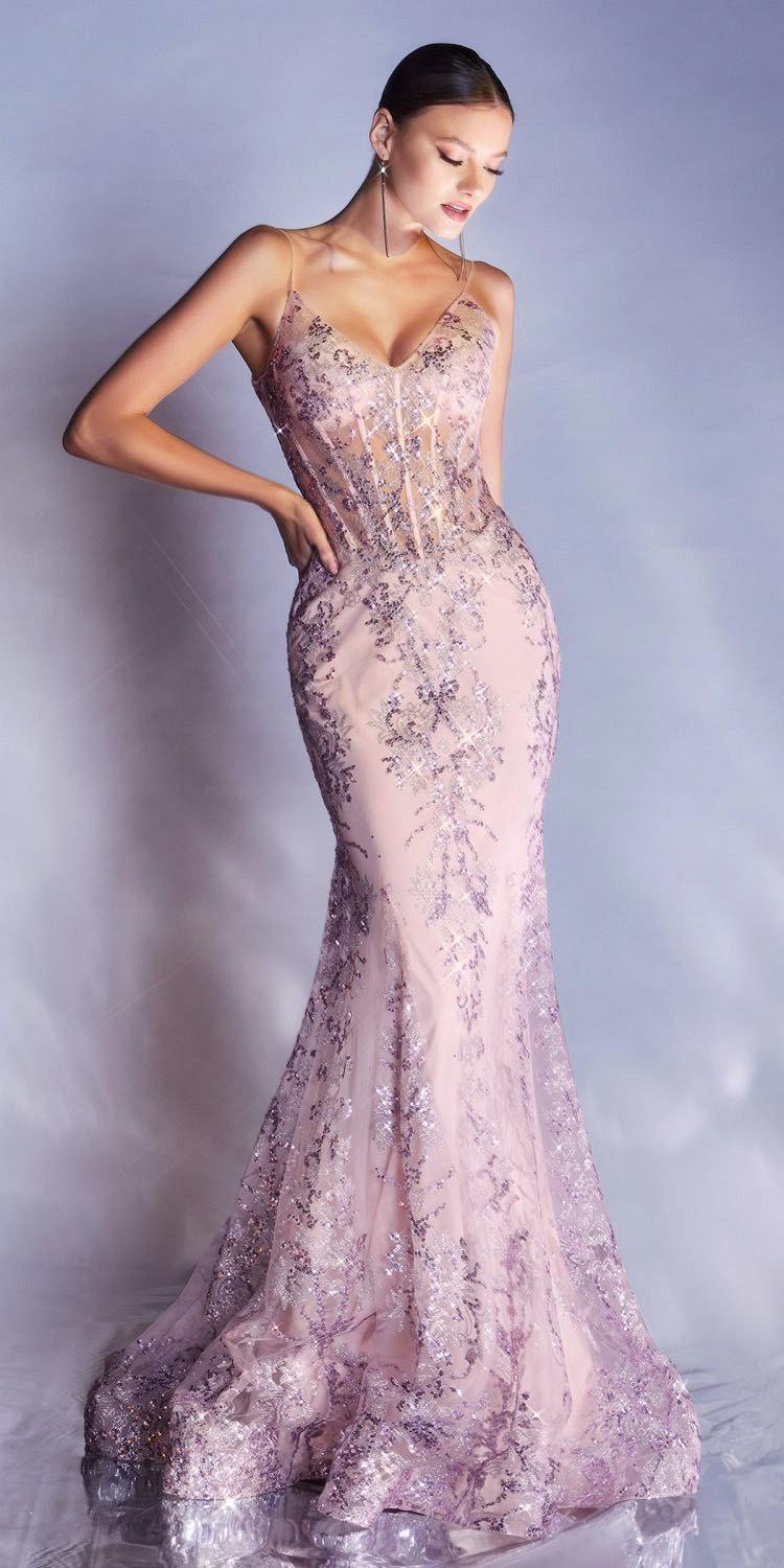 Ladivine J810 Long Fitted Floral Glitter Print Corset Gown by DiscountDressShop