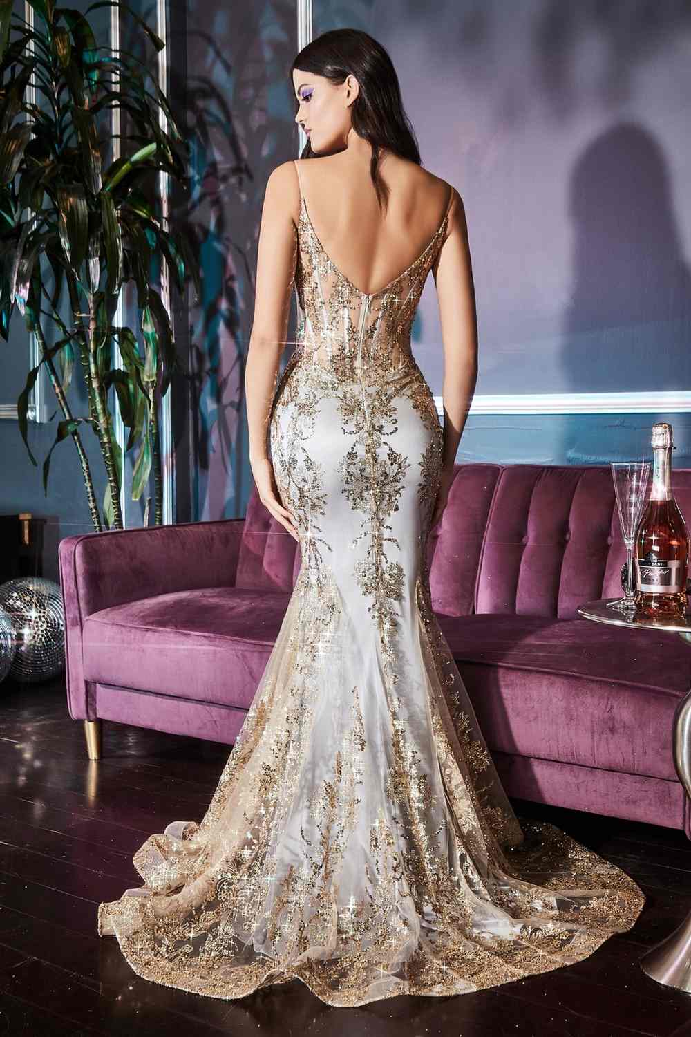 Ladivine J810 Long Fitted Floral Glitter Print Corset Gown by DiscountDressShop