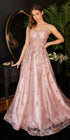 Ladivine J840 Floor Length Glitter Print A-Line Gown Corset Bodice by DiscountDressShop