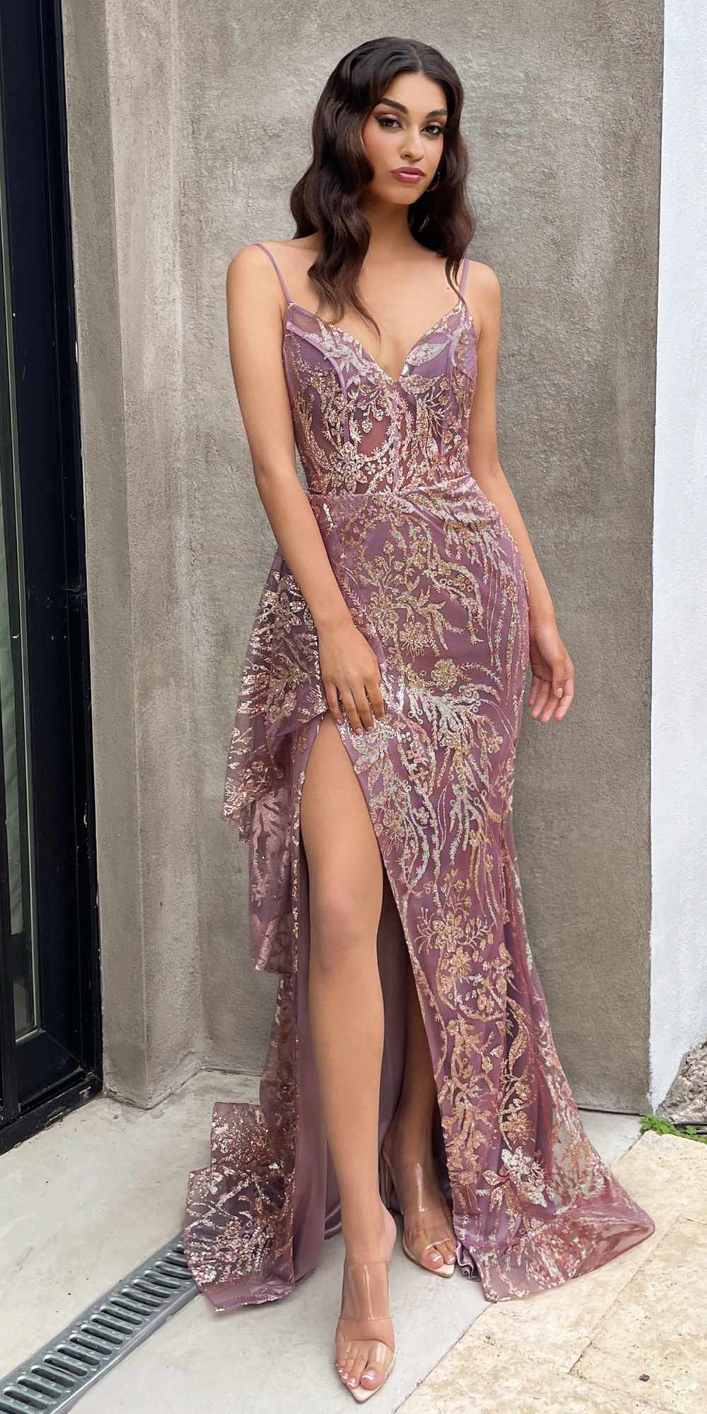 Ladivine J856 Floor Length Fit and Flare Glitter Print Gown Side Peplum by DiscountDressShop