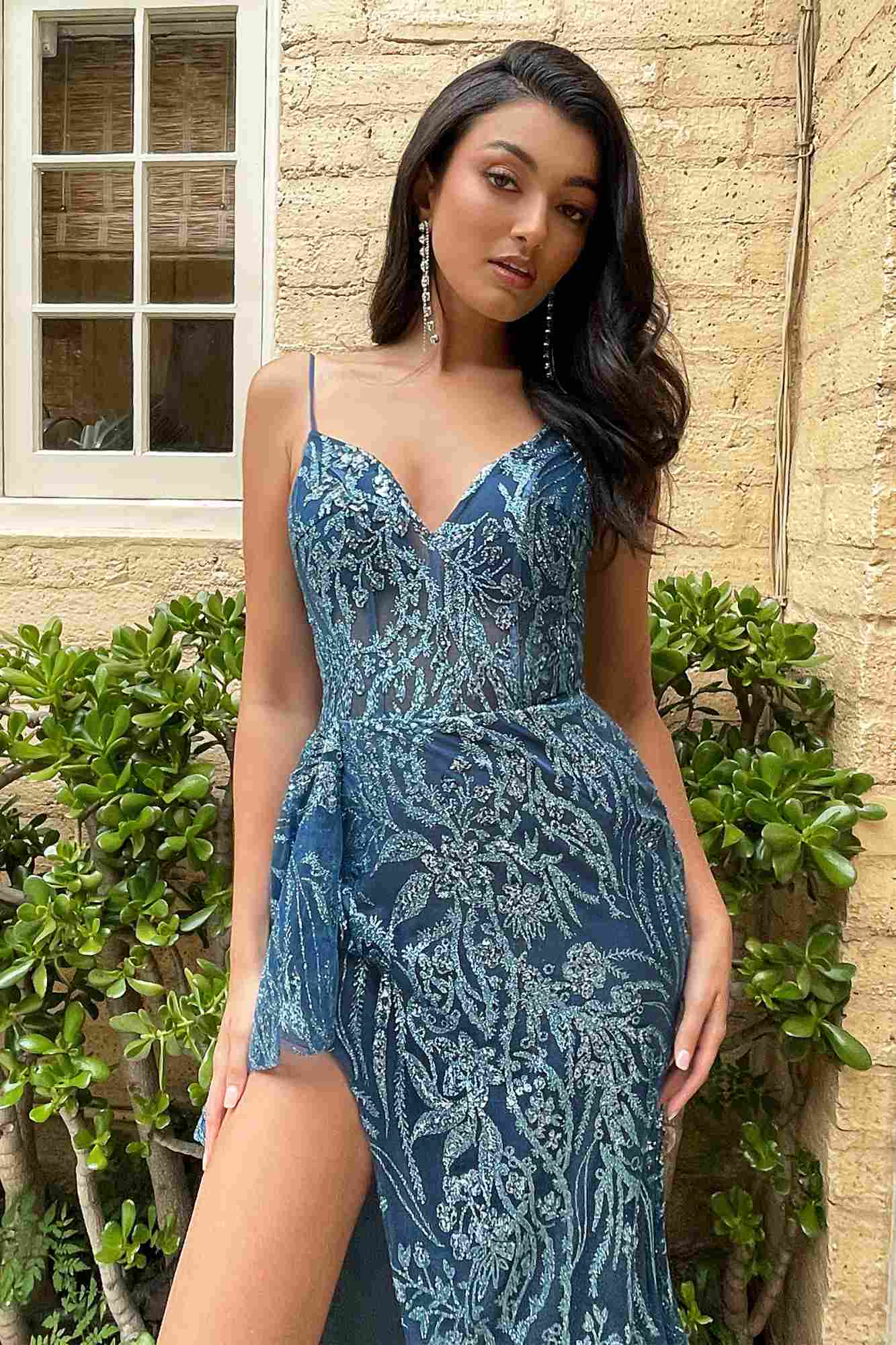 Ladivine J856 Floor Length Fit and Flare Glitter Print Gown Side Peplum by DiscountDressShop