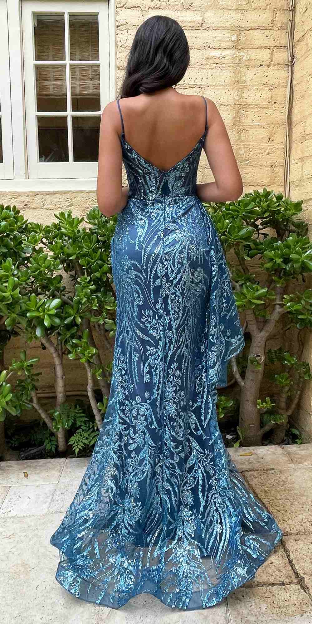 Ladivine J856 Floor Length Fit and Flare Glitter Print Gown Side Peplum by DiscountDressShop
