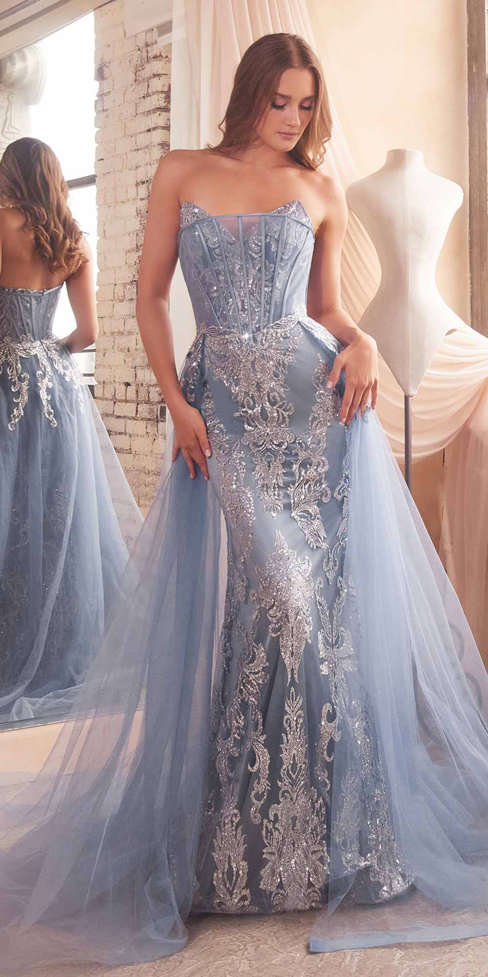 Ladivine J858 Long Strapless Glitter Mermaid Gown Removable Tulle Skirt by DiscountDressShop