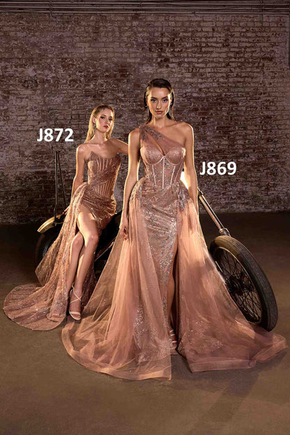 Ladivine J869 Long Fitted Tulle One Shoulder Strap Illusion Neck Gown by DiscountDressShop