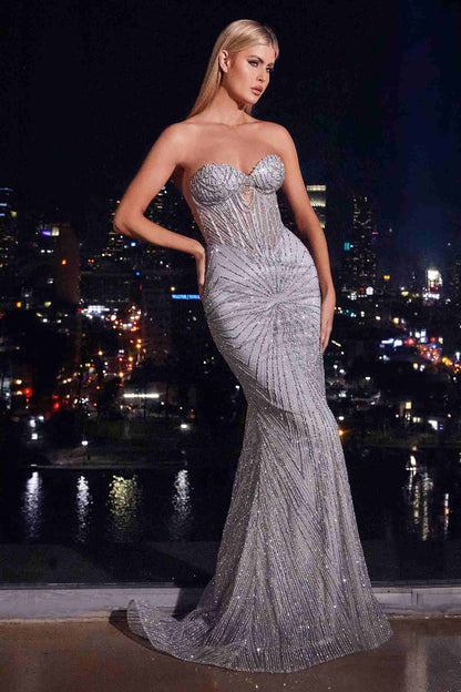 CLEARANCE - Ladivine J871 Long Sultry Fitted Strapless Gold Gown (Size 16) by DiscountDressShop