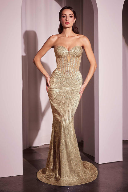 CLEARANCE - Ladivine J871 Long Sultry Fitted Strapless Gold Gown (Size 16) by DiscountDressShop