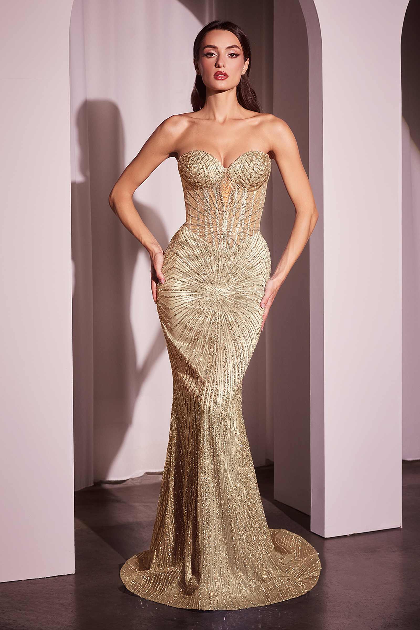 Ladivine J871 Long Sultry Fitted Strapless Embellished Prom Gown by DiscountDressShop
