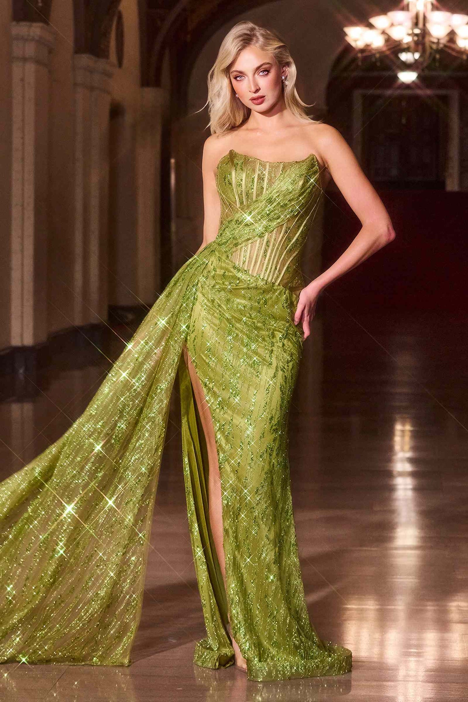 Ladivine J872 Long Strapless Glitter Embellished Leg Slit Evening Gown by DiscountDressShop