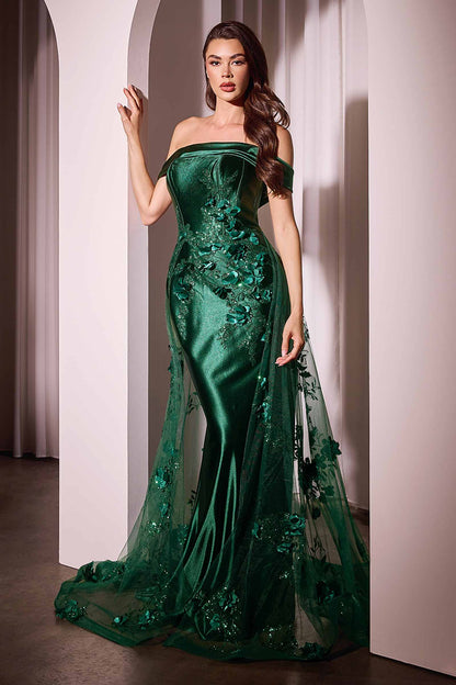 Ladivine J876 Dress Embellished Satin Fitted Gown With Tulle Overskirt by DiscountDressShop