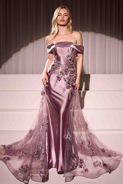 Ladivine J876 Dress Embellished Satin Fitted Gown With Tulle Overskirt by DiscountDressShop