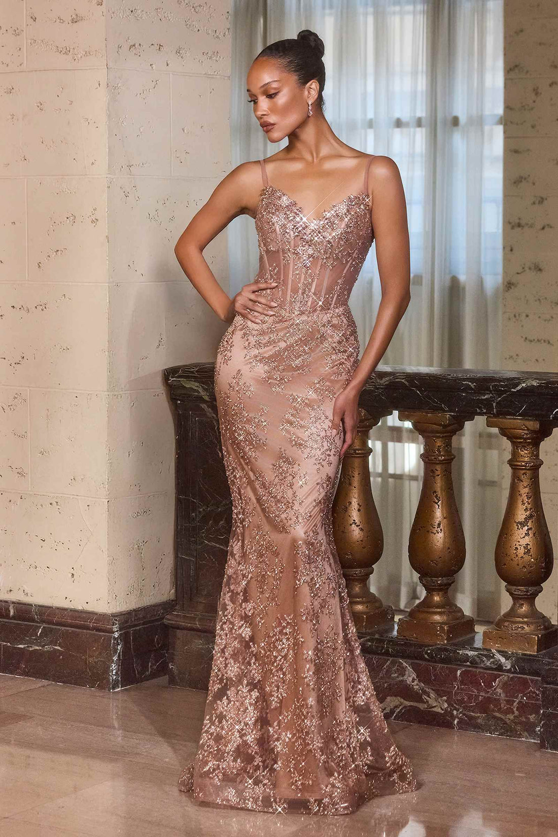CLEARANCE - Ladivine J889 Hand Placed Applique Shimmering Sequin Fitted Gown (Size 10, 14) by DiscountDressShop