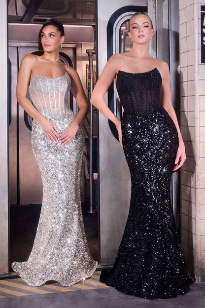 Ladivine J892 Sleek Neckline Sequin Design Corset Bodice Formal Gown by DiscountDressShop