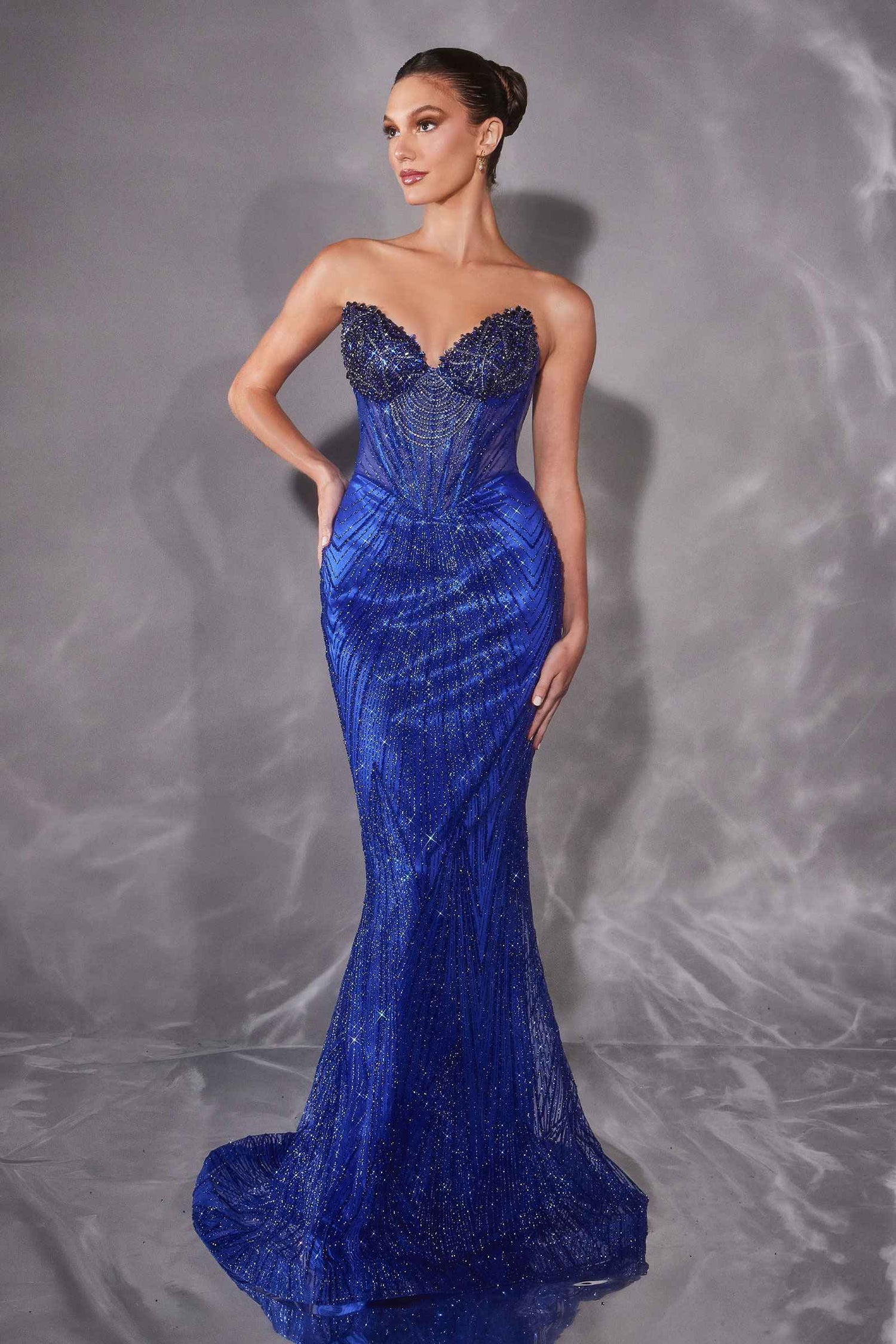 Ladivine J903 Lavish Crystal Encrusted Sheer Corset Bodice Fitted Gown by DiscountDressShop