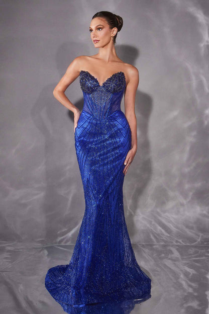 Ladivine J903 Lavish Crystal Encrusted Sheer Corset Bodice Fitted Gown by DiscountDressShop