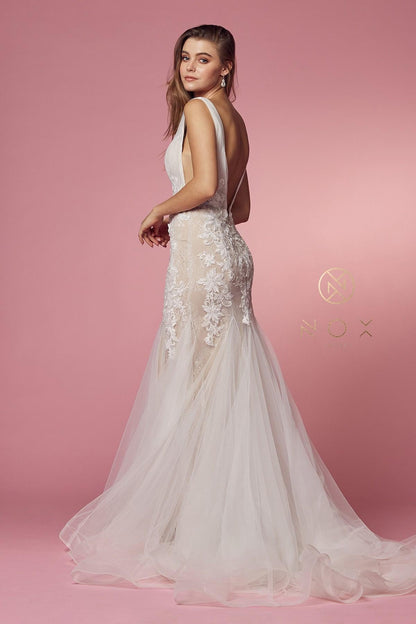 Nox Anabel JE917 V-Neck Mermaid Dress Lace and Tulle Skirt by DiscountDressShop