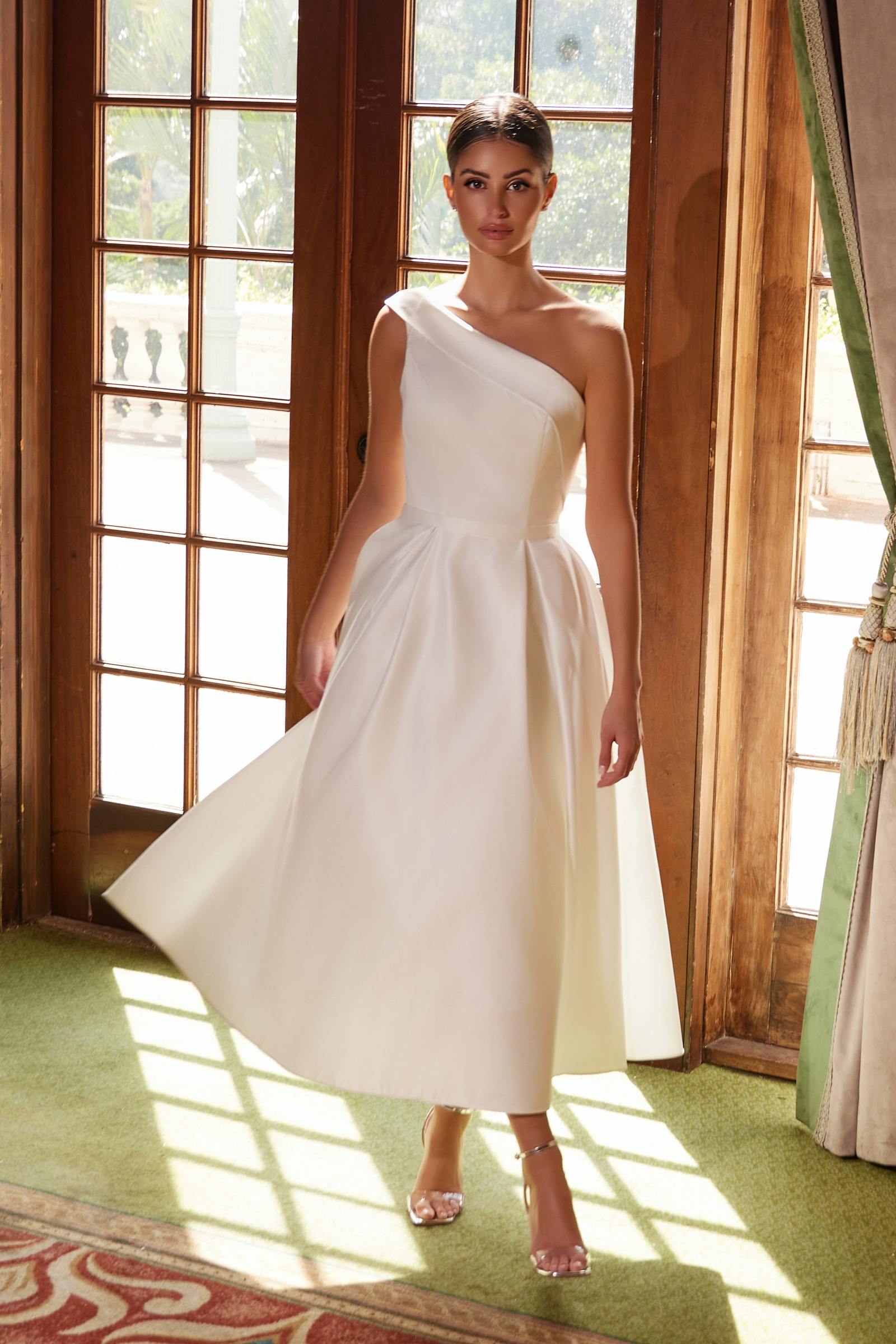 Nox Anabel JE931 One Shoulder Satin Tea Length Gown by DiscountDressShop