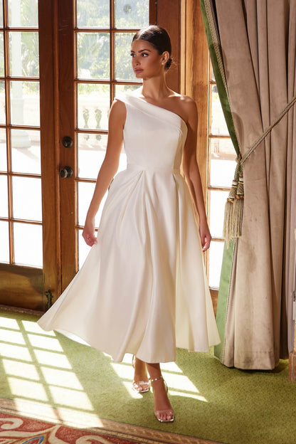 Nox Anabel JE931 One Shoulder Satin Tea Length Gown by DiscountDressShop