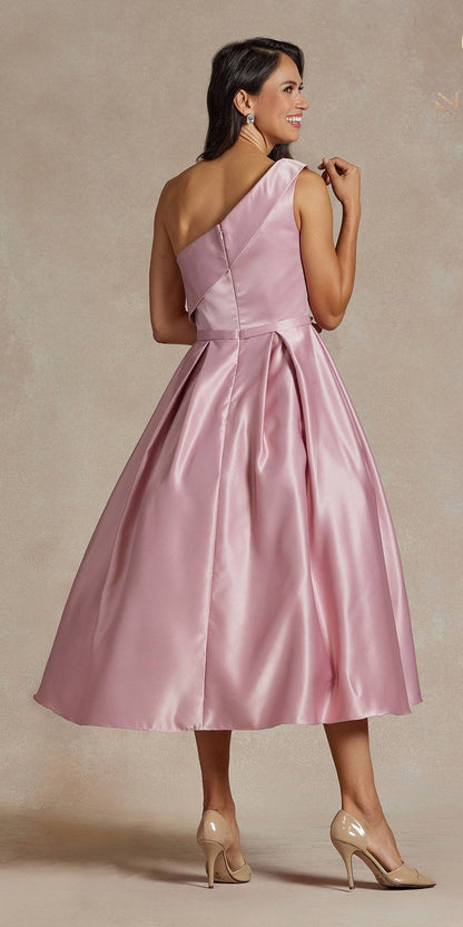 Nox Anabel JE931 One Shoulder Satin Tea Length Gown by DiscountDressShop