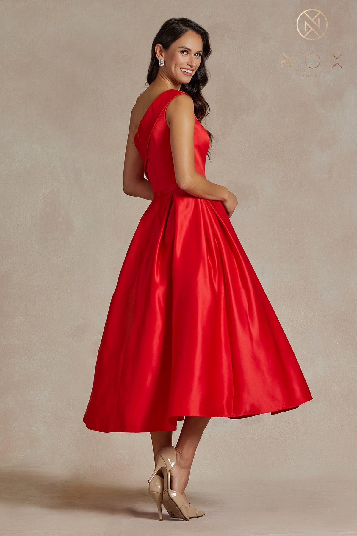Nox Anabel JE931 One Shoulder Satin Tea Length Gown by DiscountDressShop