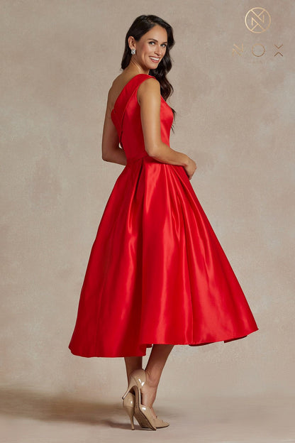 Nox Anabel JE931 One Shoulder Satin Tea Length Gown by DiscountDressShop