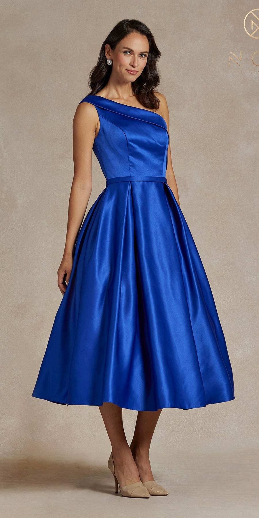 Nox Anabel JE931 One Shoulder Satin Tea Length Gown by DiscountDressShop