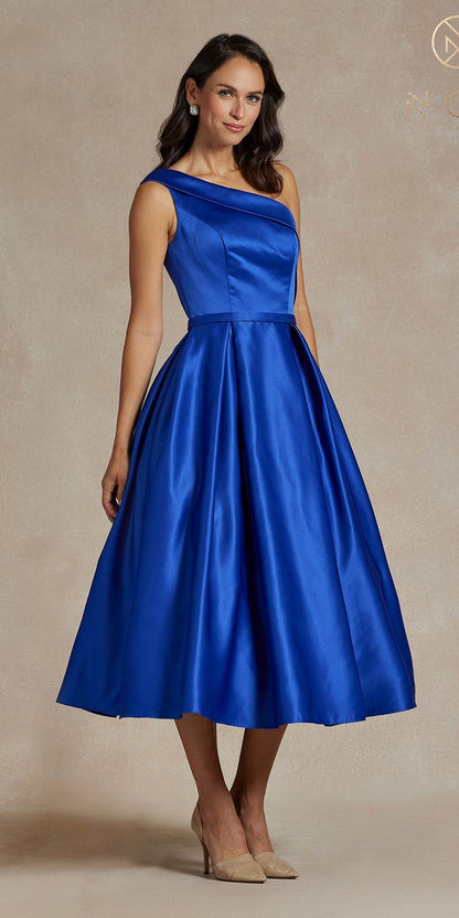 Nox Anabel JE931 One Shoulder Satin Tea Length Gown by DiscountDressShop