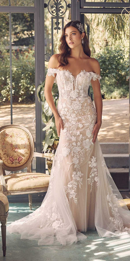 Nox Anabel JE974 Long Off Shoulder Fitted Embroidered Wedding Gown by DiscountDressShop