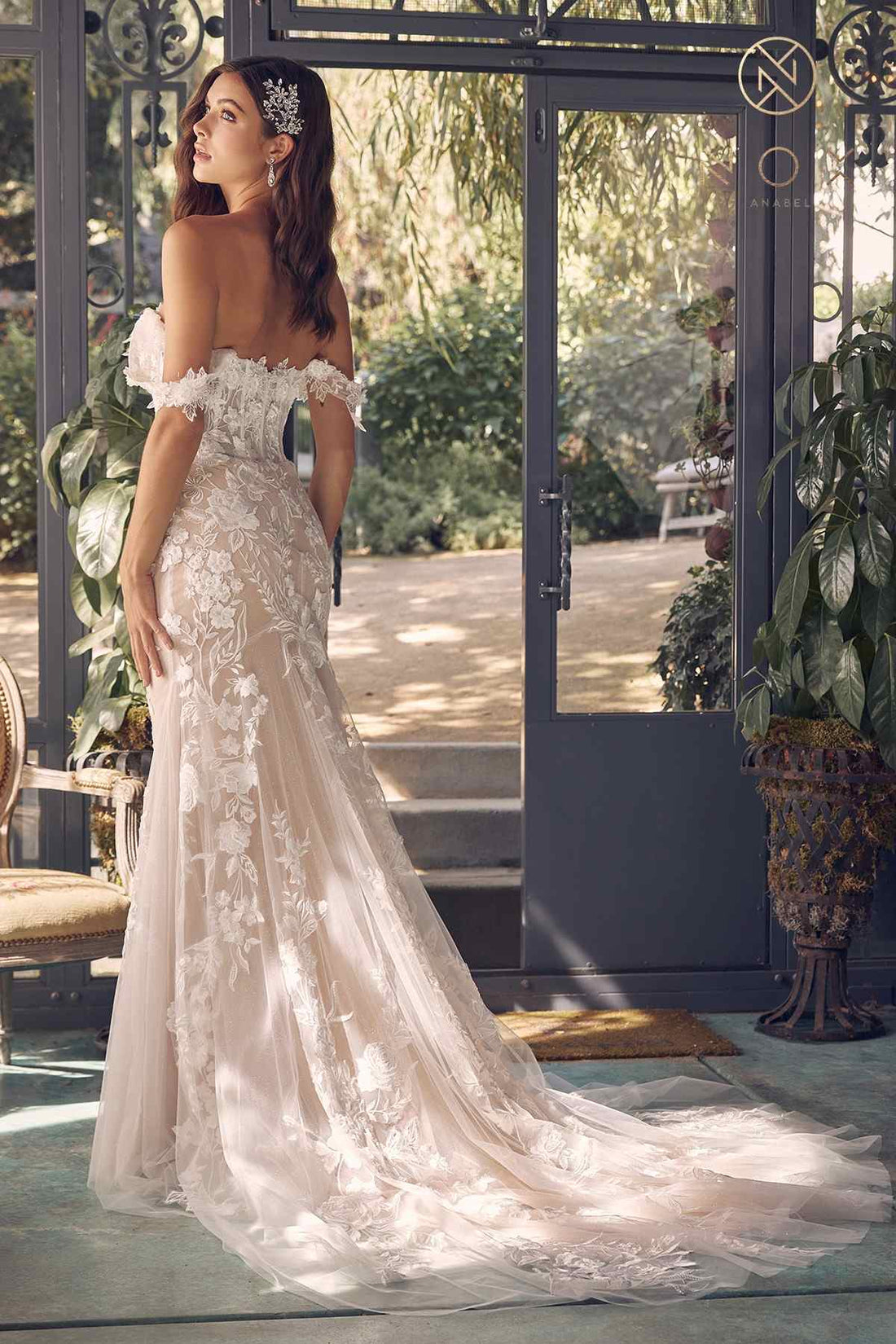 Nox Anabel JE974 Long Off Shoulder Fitted Embroidered Wedding Gown by DiscountDressShop