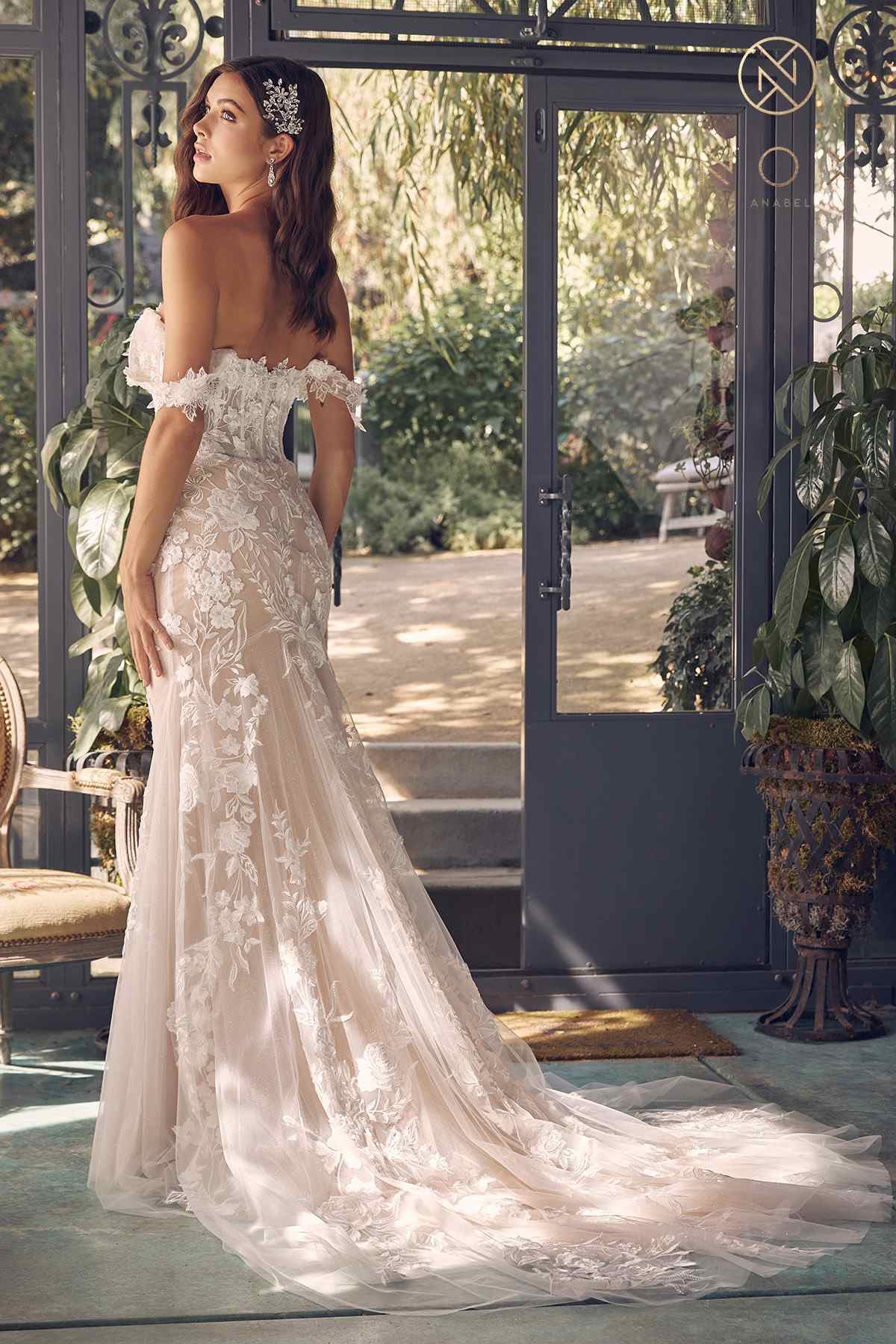 Nox Anabel JE974 Long Off Shoulder Fitted Embroidered Wedding Gown by DiscountDressShop
