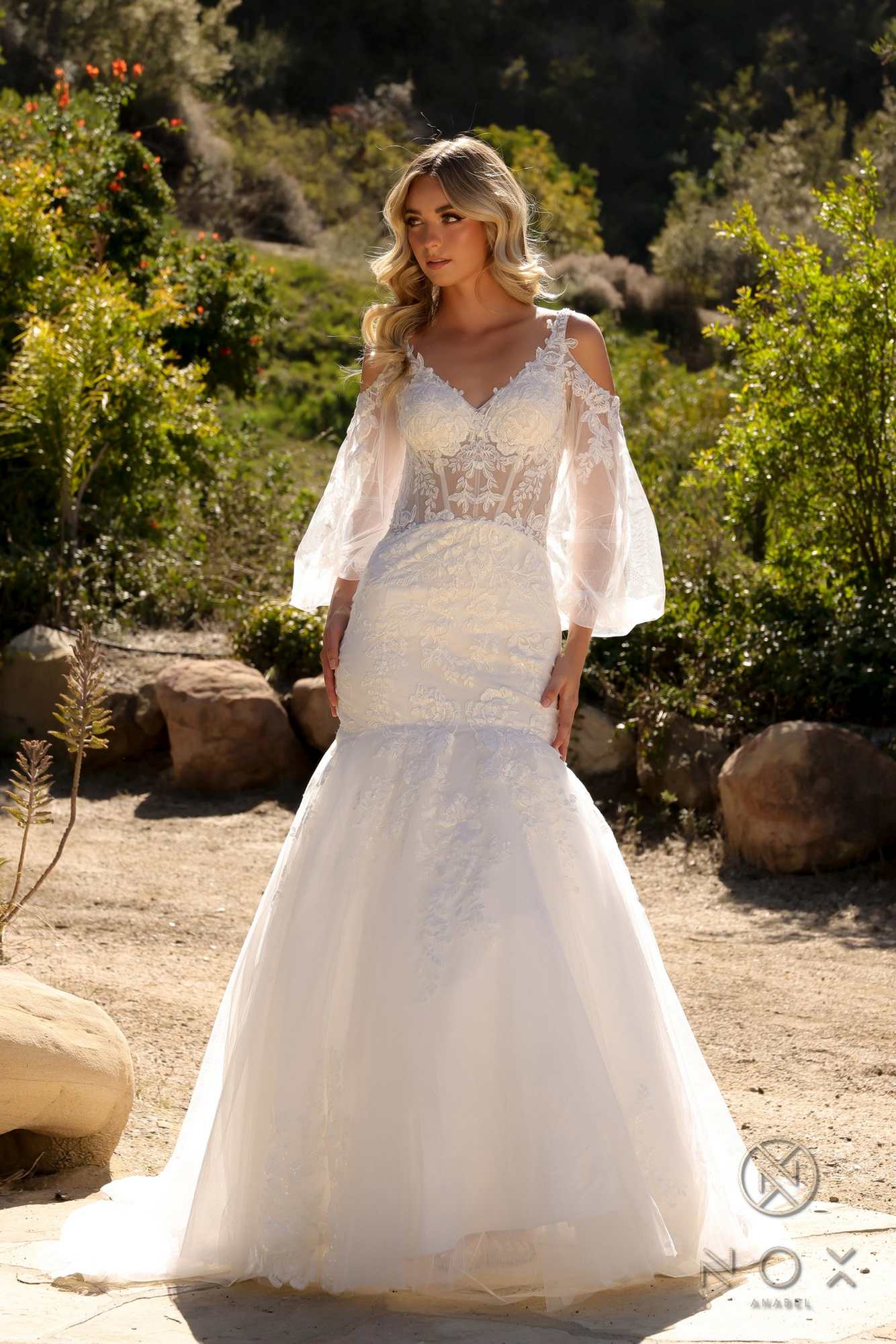 Nox Anabel JE983L Long Bell Sleeve Mermaid Bridal Gown by DiscountDressShop